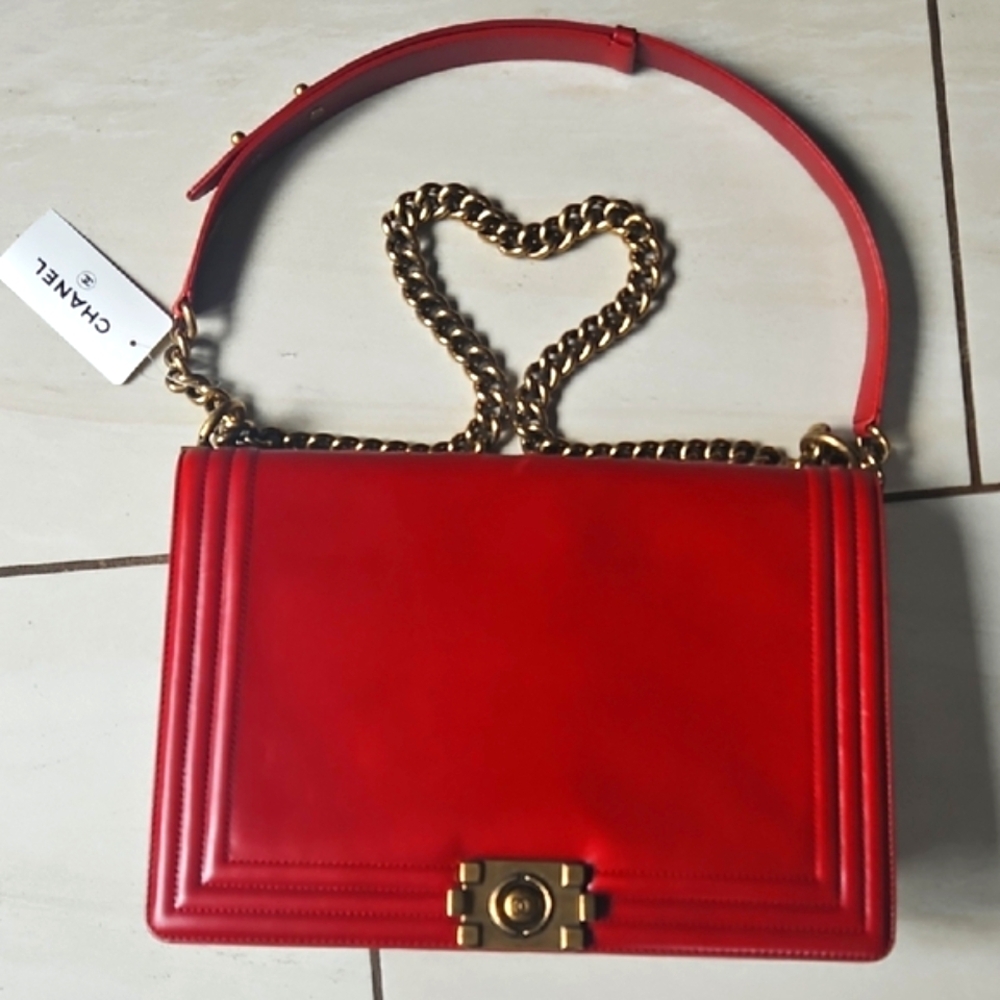 Chanel Lambskin Leather Reverso Boy Bag Red and Gold
